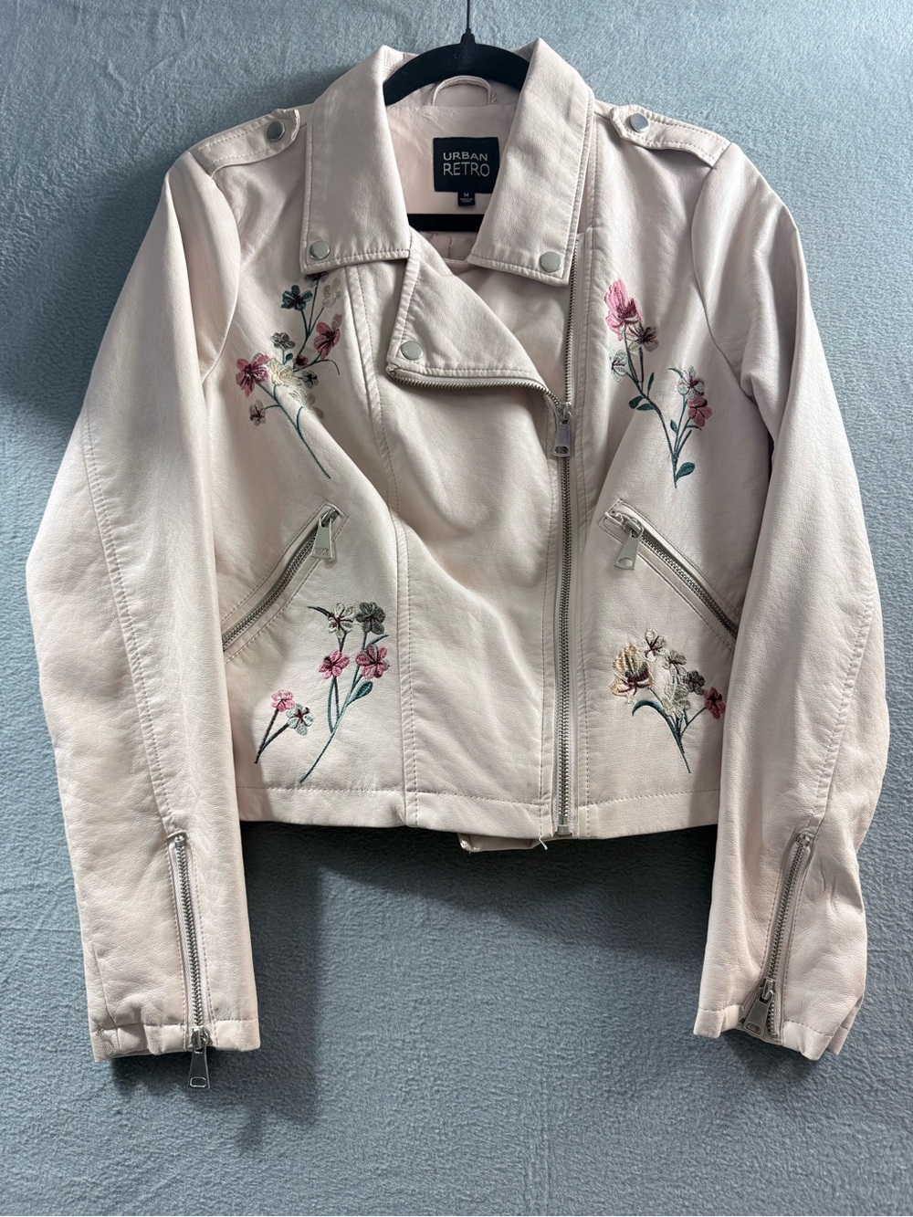 Urban Retro - Women's Blush Floral Embroidered Moto Jacket